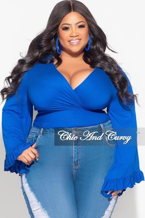 Light Fit Light Wear Fit Final Sale Plus Size Crop Tie Top with Bell Sleeves in Royal Blue