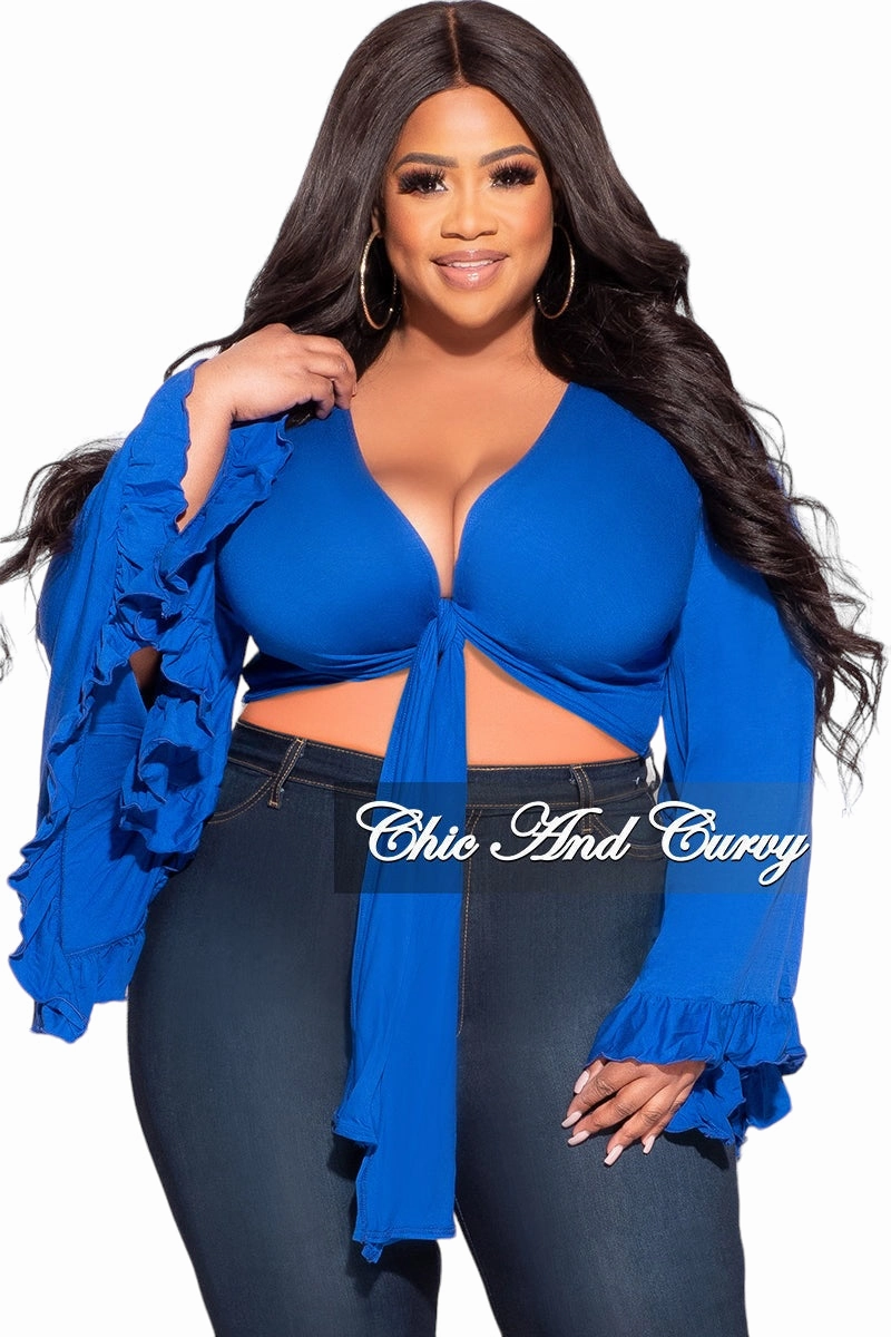 NonRestrictiveCut Final Sale Plus Size Crop Tie Top with Bell Sleeves in Royal Blue