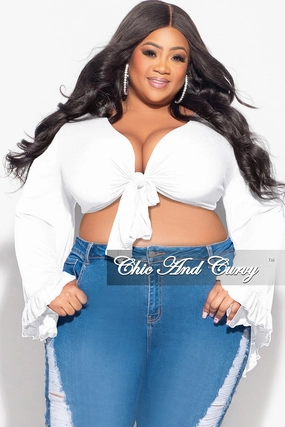 Final Sale Plus Size Crop Tie Top with Bell Sleeves in White Fashionable Look Breathable activewear