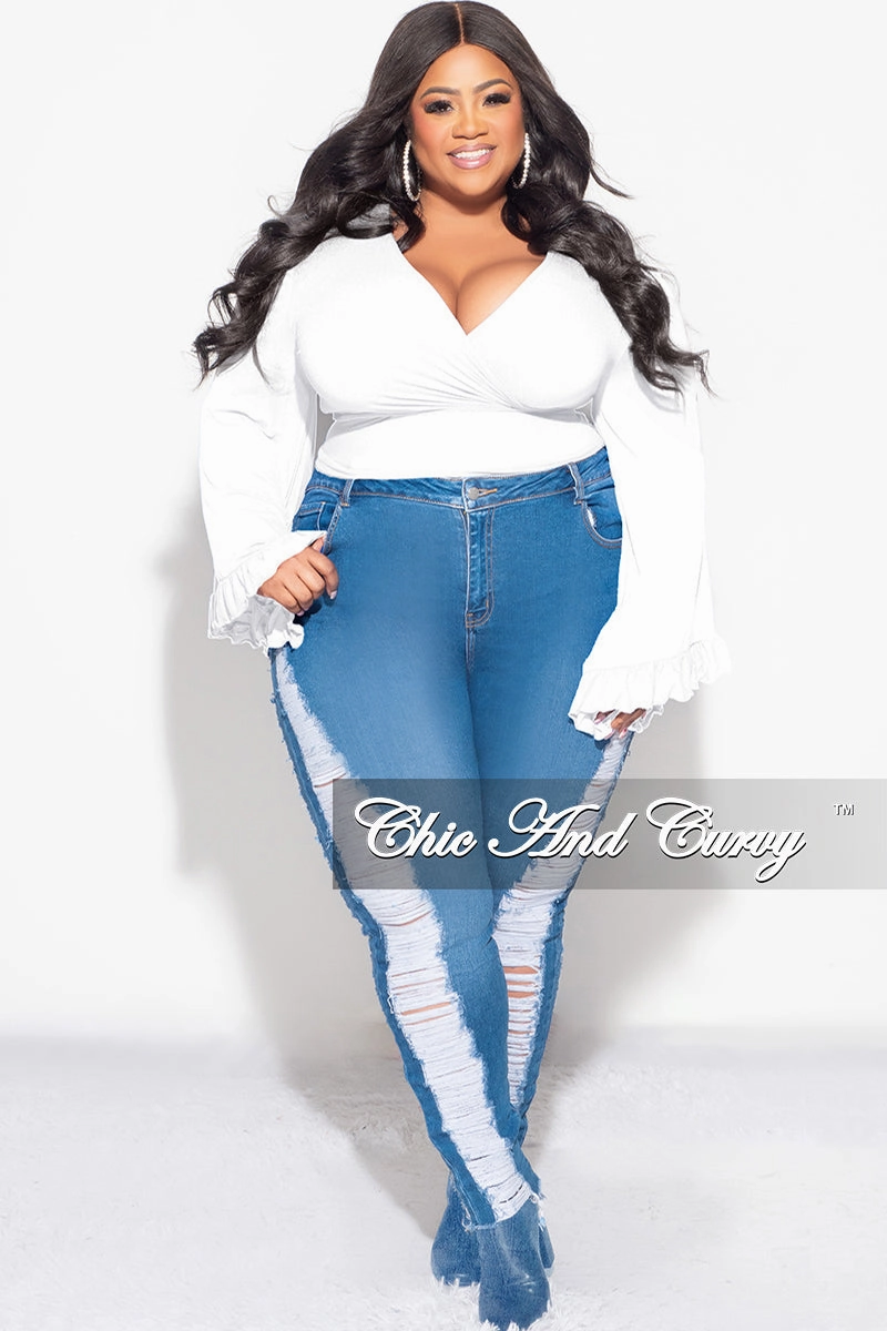 Final Sale Plus Size Crop Tie Top with Bell Sleeves in White Cozy Lining Stretchy Waist