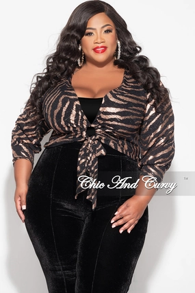 Chilly Day Comfort Cozy Lining Final Sale Plus Size Crop Top with Cutout  in Black and Bronze Print