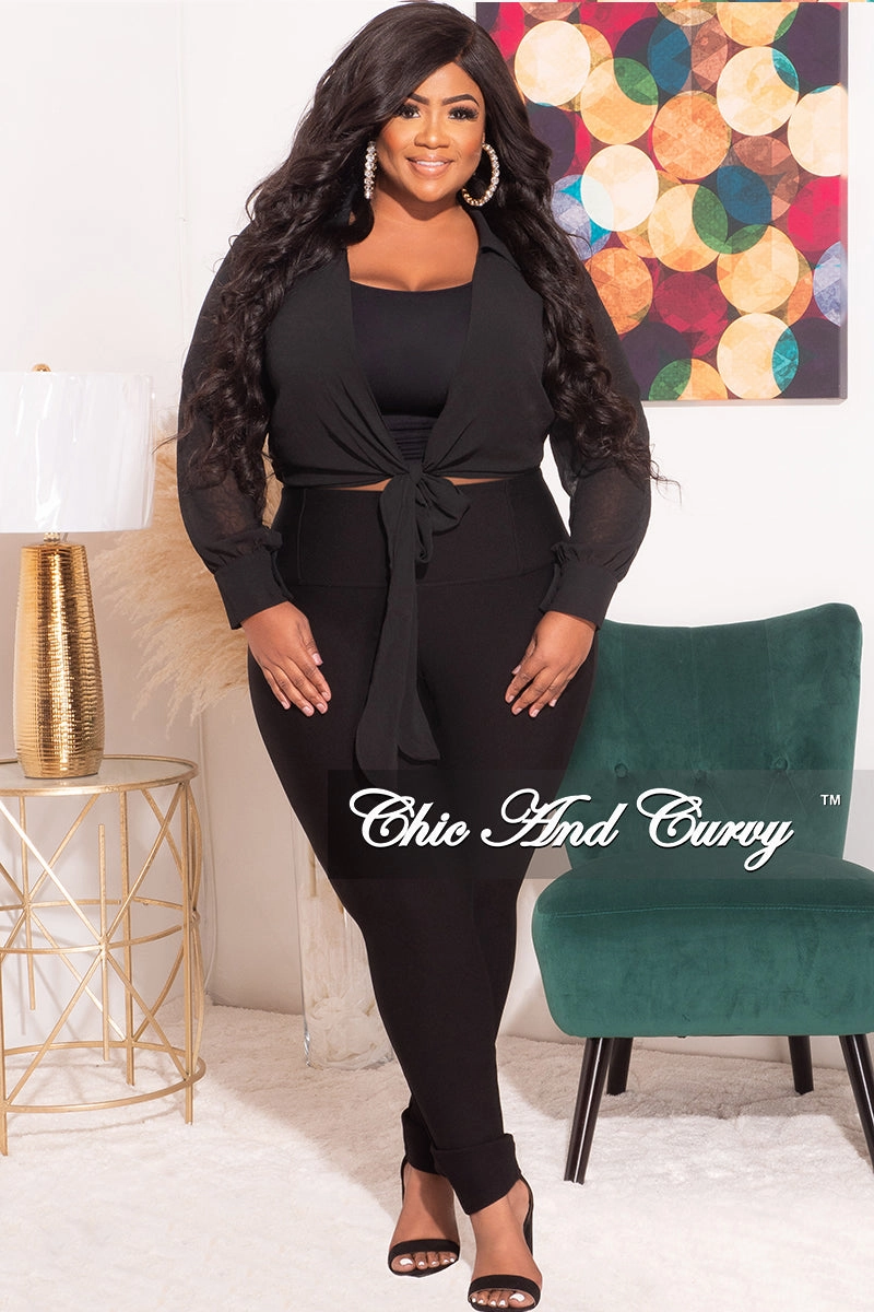 Slim Stretch Fit Final Sale Plus Size Cropped Chiffon See-Thru Tie Top in Black