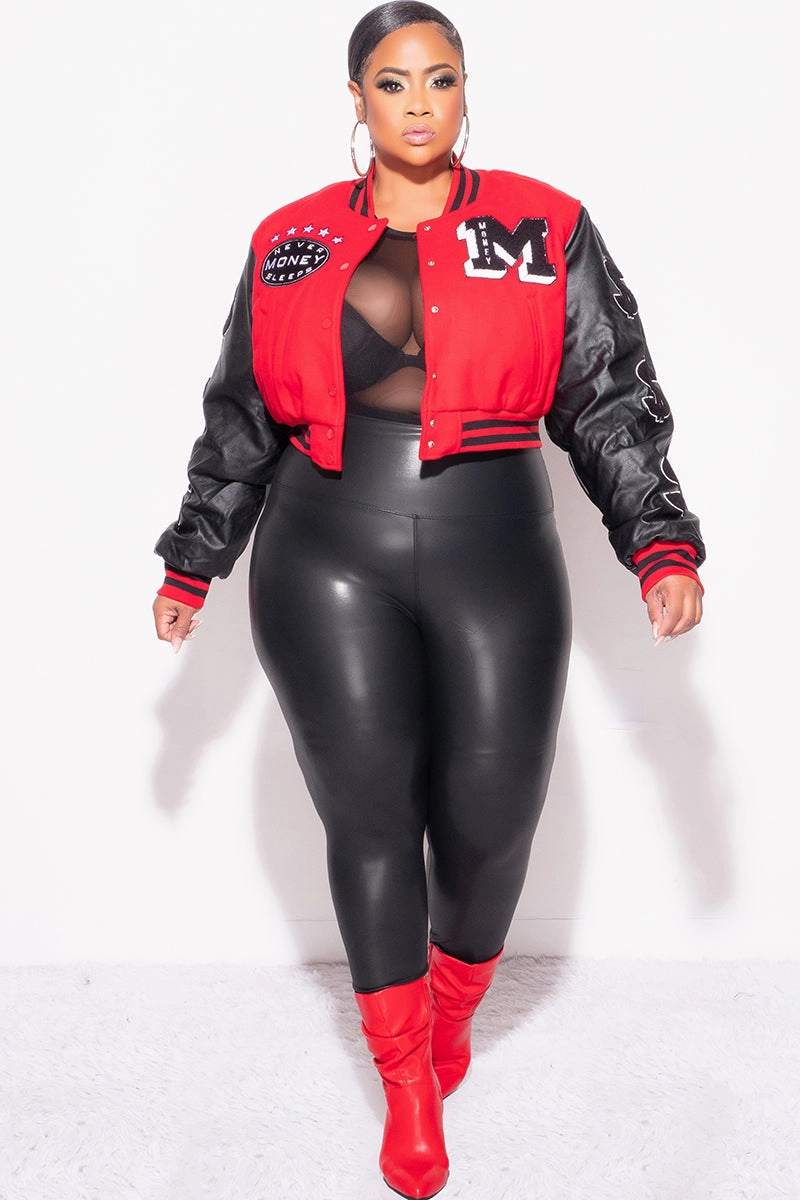 Everyday Comfort Fit Relaxed Design Final Sale Plus Size Cropped Varsity Jacket with Patches in Black & Red