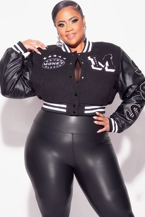 Final Sale Plus Size Cropped Varsity Jacket with Patches in Black & White Casual Comfort