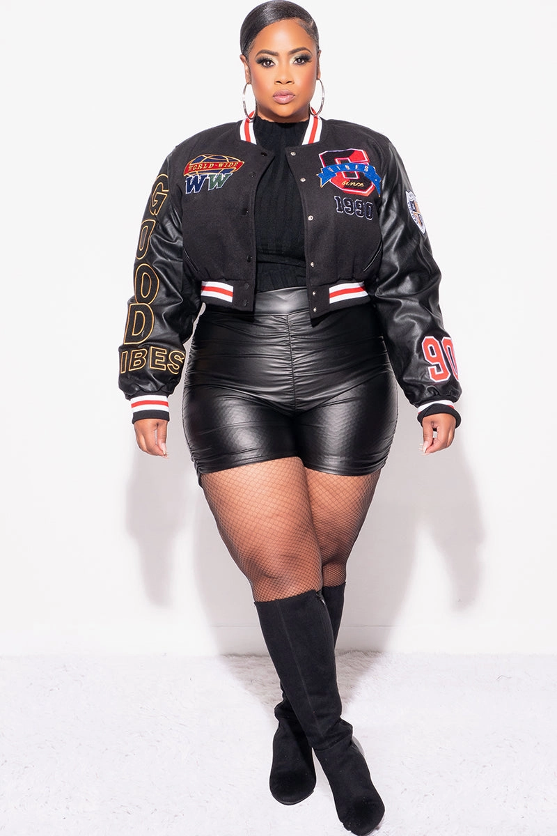 Final Sale Plus Size Cropped Varsity Jacket with Patches in Black, Red, Blue & Yellow Casual Chic Look Perfectly Relaxed