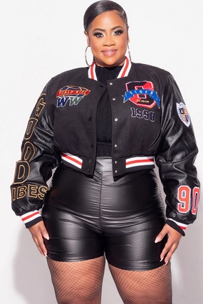 AdjustableDrawstring Flat Lock Stitching Final Sale Plus Size Cropped Varsity Jacket with Patches in Black, Red, Blue & Yellow