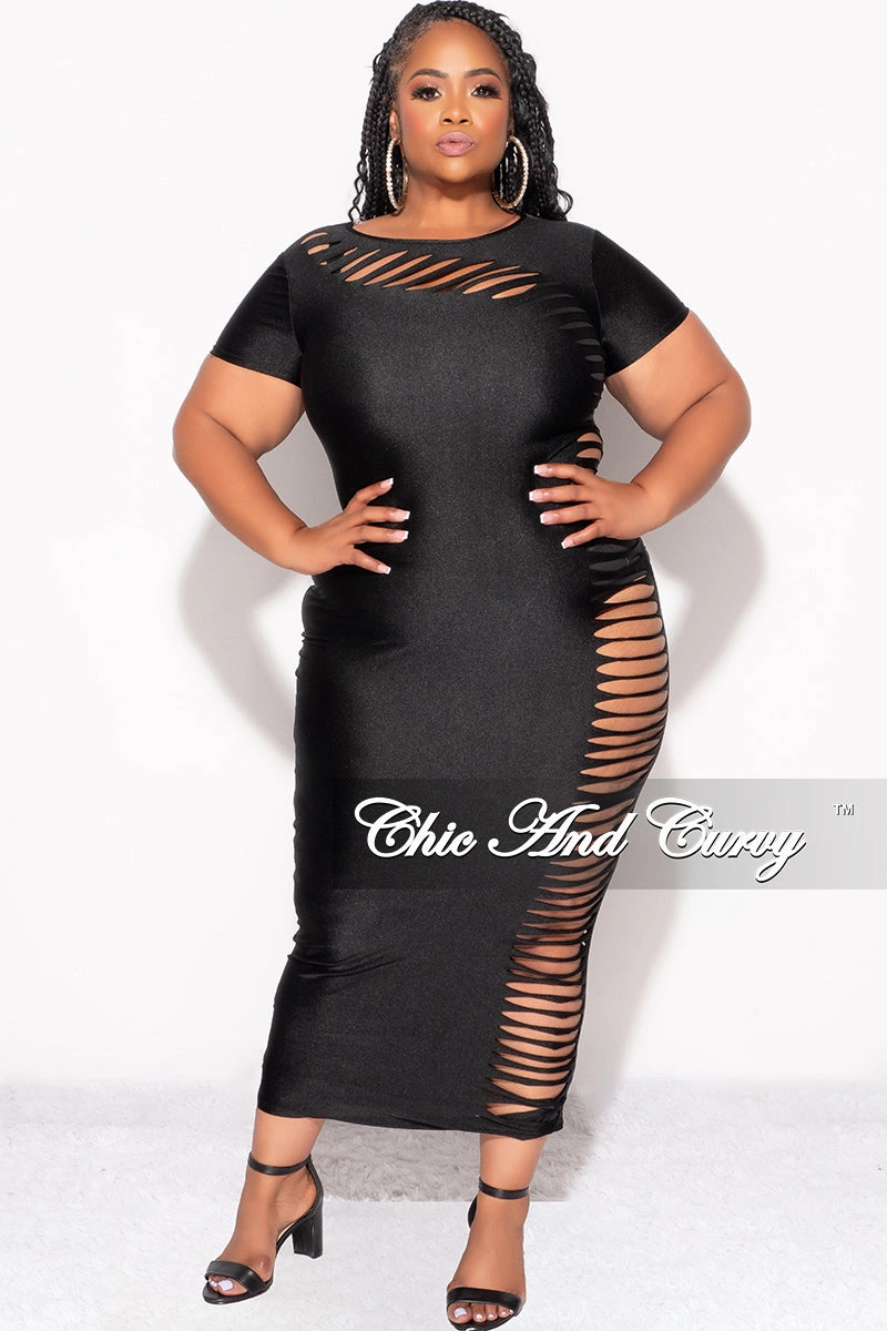 Relaxed Design Wear Breathable Weave Fabric Final Sale Plus Size Cutout Distressed Bodycon Dress in Black