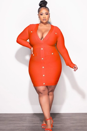 Final Sale Plus Size Deep Faux Wrap Long Sleeve Bandage BodyCon Dress with Gold Buttons in Red Essential Fit Quick Dry Wear