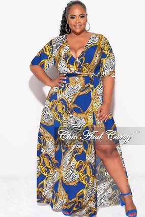 High Mobility Final Sale Plus Size Deep V Faux Wrap Dress with 3/4 Sleeves in Blue Black Print