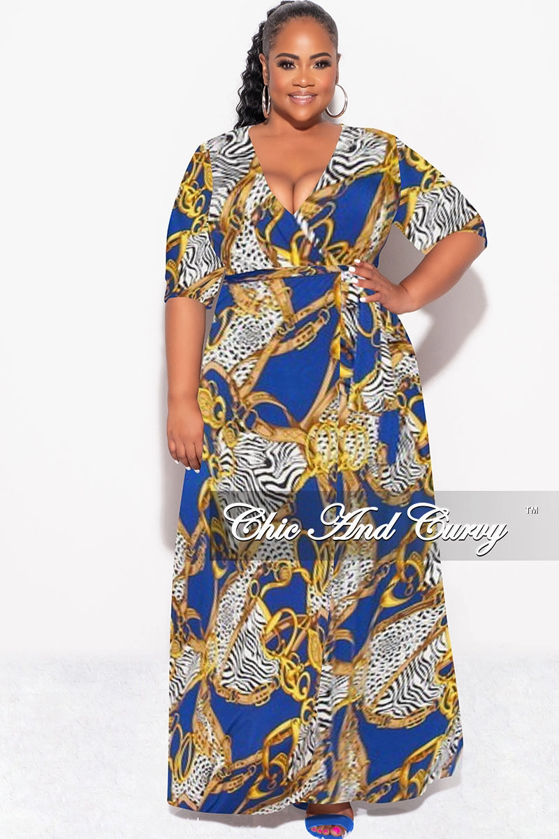 ReinforcedKnees Final Sale Plus Size Deep V Faux Wrap Dress with 3/4 Sleeves in Blue Black Print