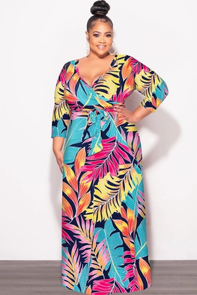 Easy Care Fabric Final Sale Plus Size Deep V Faux Wrap Dress with 3/4 Sleeves in Navy Multi Leaf Print