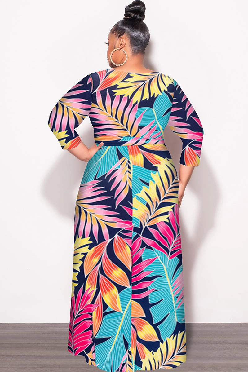 Modern Cut Perfect Fit Final Sale Plus Size Deep V Faux Wrap Dress with 3/4 Sleeves in Navy Multi Leaf Print