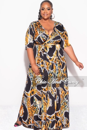 TaglessComfort Final Sale Plus Size Deep V Faux Wrap Dress with 3/4 Sleeves in Orange Black Print
