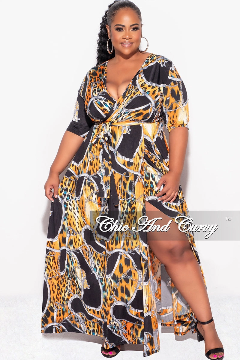 Barrel Waist All Time Use Final Sale Plus Size Deep V Faux Wrap Dress with 3/4 Sleeves in Orange Black Print