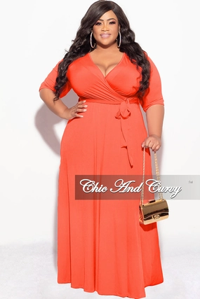 Final Sale Plus Size Deep V Faux Wrap Dress with 3/4 Sleeves in Orange MultiPocket