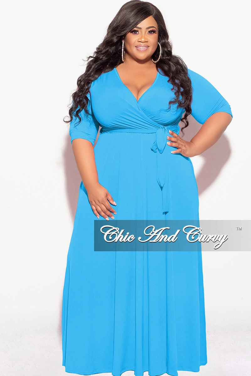 All Day Use Cooling Fabric Final Sale Plus Size Deep V Faux Wrap with 3/4 Sleeves in Light Turquoise
