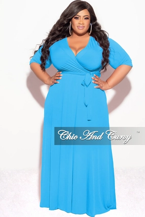 Final Sale Plus Size Deep V Faux Wrap with 3/4 Sleeves in Light Turquoise Organic Cotton Blend