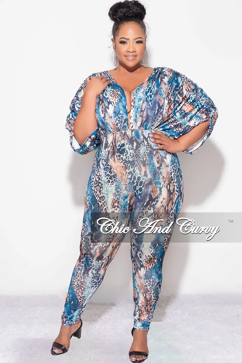 Final Sale Plus Size Deep V Jumpsuit in Multi-Color Snake Print All Purpose Fit