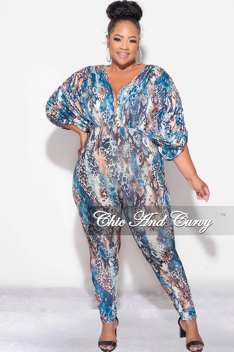 Final Sale Plus Size Deep V Jumpsuit in Multi-Color Snake Print No Ride Fit Soft Support