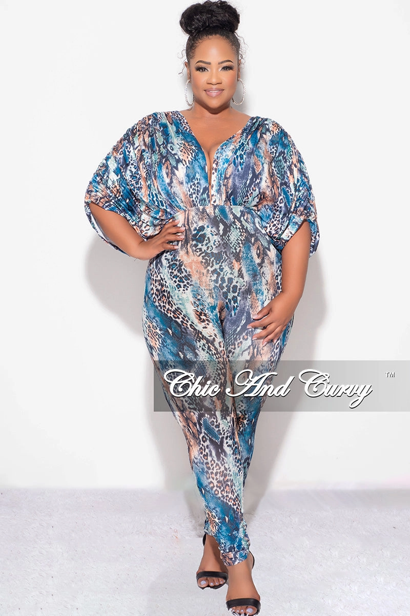 Final Sale Plus Size Deep V Jumpsuit in Multi-Color Snake Print Fade Resistant Dye