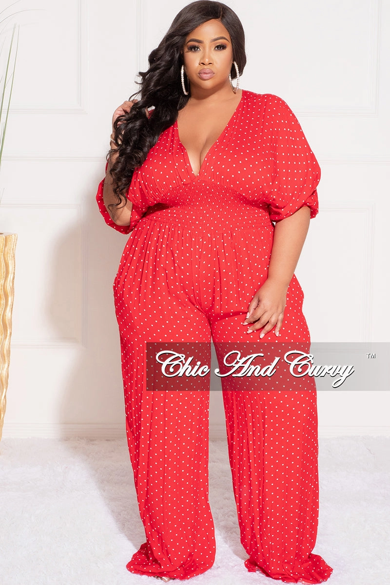 Final Sale Plus Size Deep V Jumpsuit in Red and White Polka Dot Carbon Infused Fabric SmoothZipper