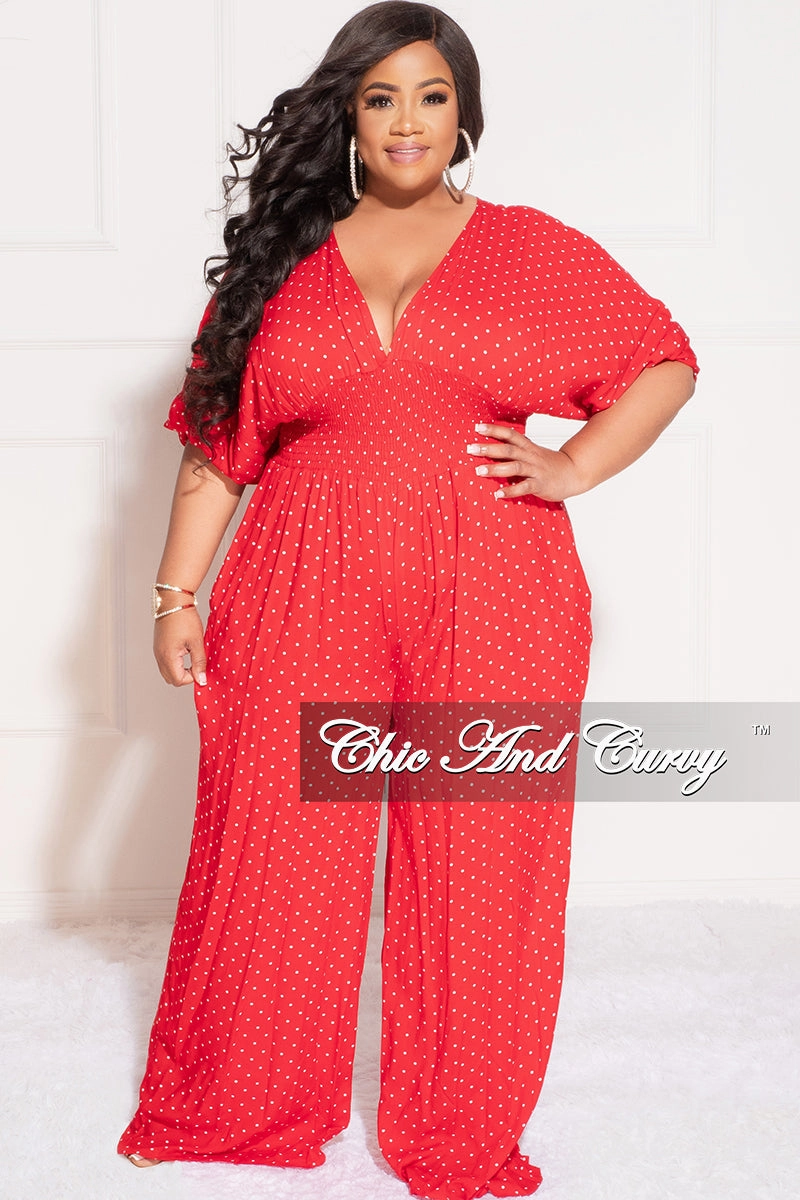 Seamless Waist Technology Final Sale Plus Size Deep V Jumpsuit in Red and White Polka Dot
