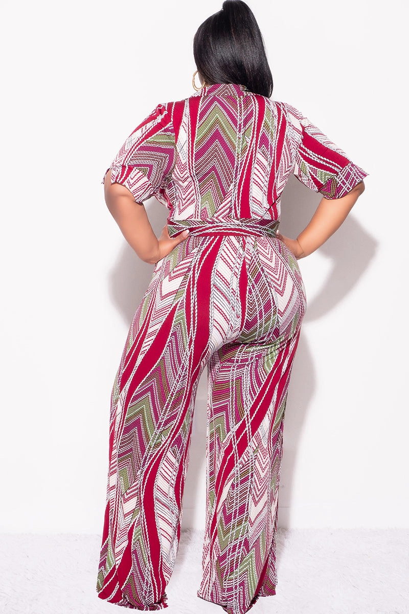 AntiStaticLining Fashion Comfort Wear Final Sale Plus Size Deep V Jumpsuit with Tie in Burgundy Multi Color Print