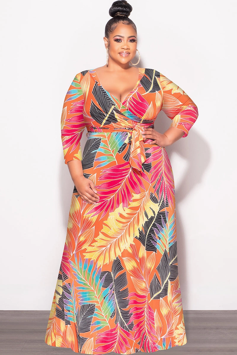 Final Sale Plus Size Deep V-Neck Faux Wrap Dress with 3/4 Sleeves in Orange Multi Leaf Print Structured fabric Comfort Fit Wear