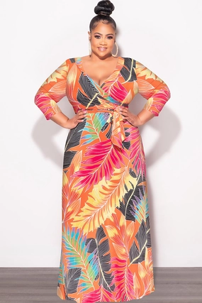 Final Sale Plus Size Deep V-Neck Faux Wrap Dress with 3/4 Sleeves in Orange Multi Leaf Print Stay Comfortable All Use