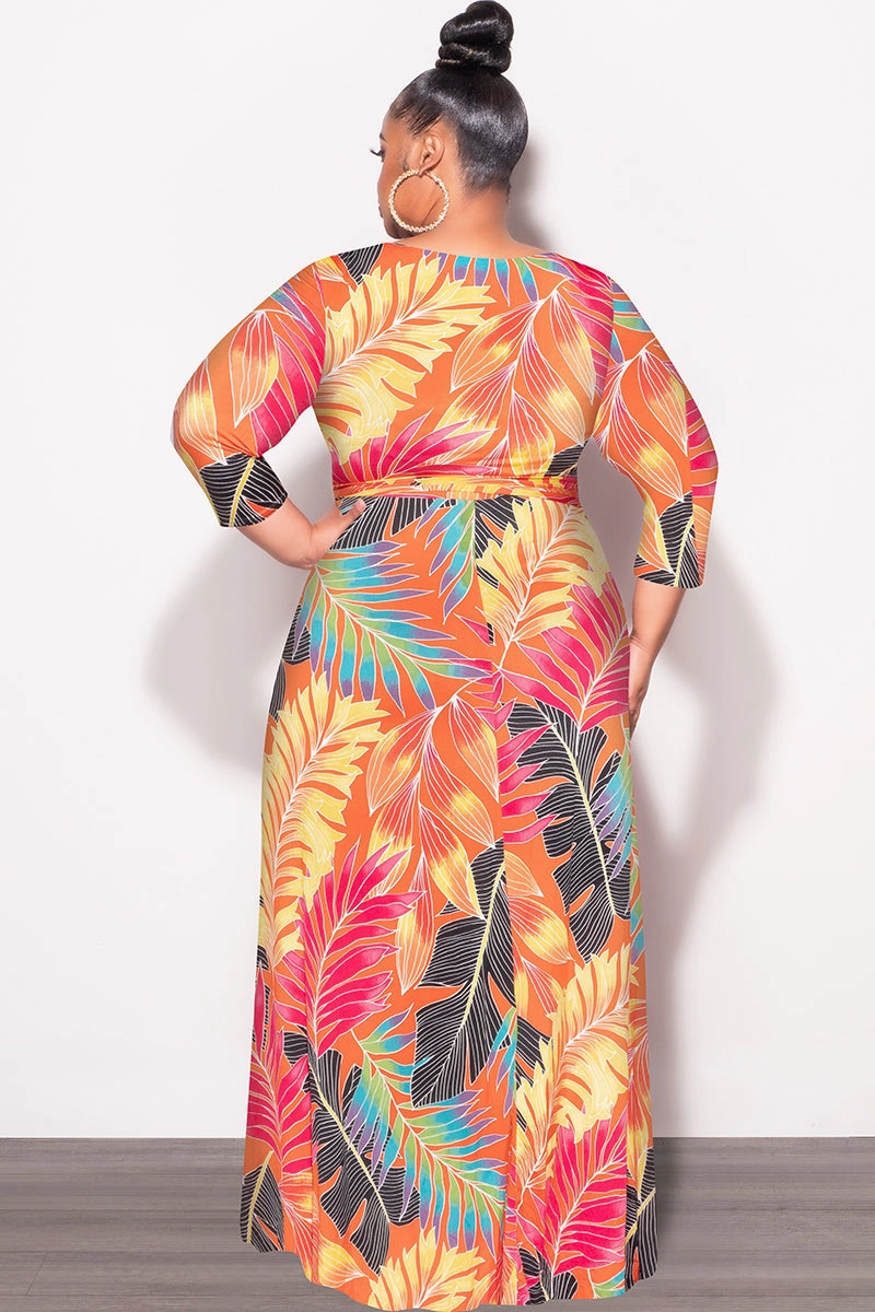 Tough Build Final Sale Plus Size Deep V-Neck Faux Wrap Dress with 3/4 Sleeves in Orange Multi Leaf Print