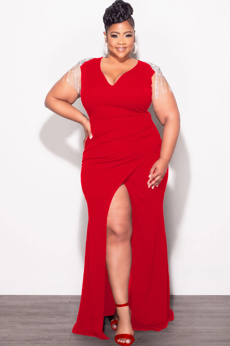 Final Sale Plus Size Deep V Rhinestone Fringe Shoulder With Maxi Dress in Red SecureCargoPockets tech fabric