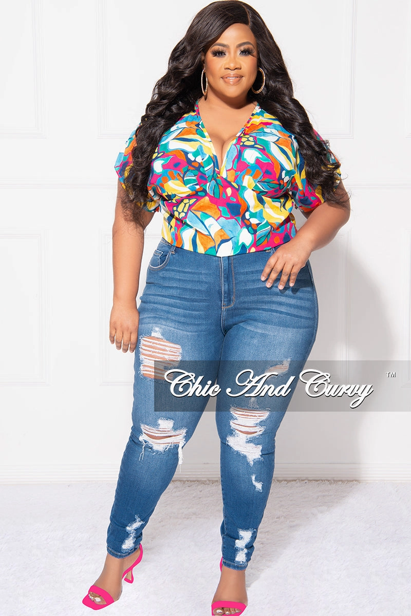 Final Sale Plus Size Deep V Top in Multi Color Design Print Tagless label