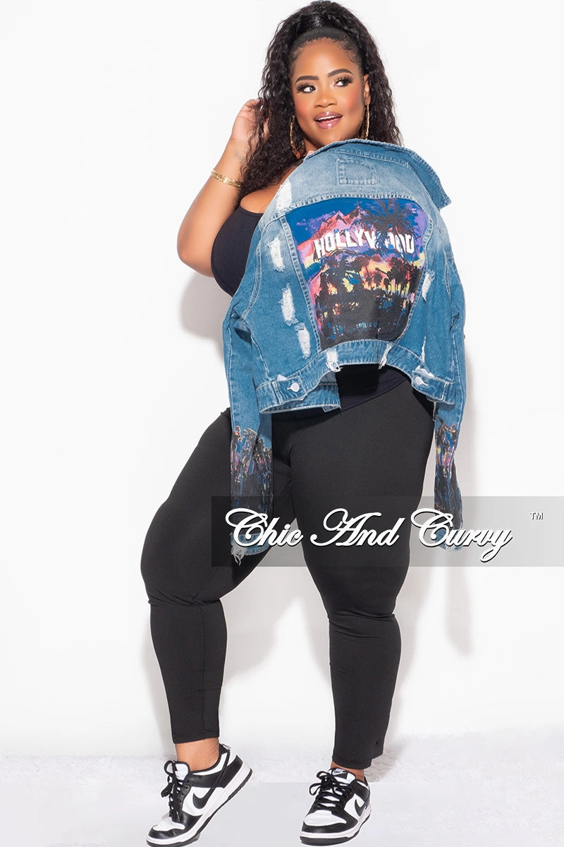 Final Sale Plus Size Denim Jacket with Hollywood Graphic Back High Density Weave
