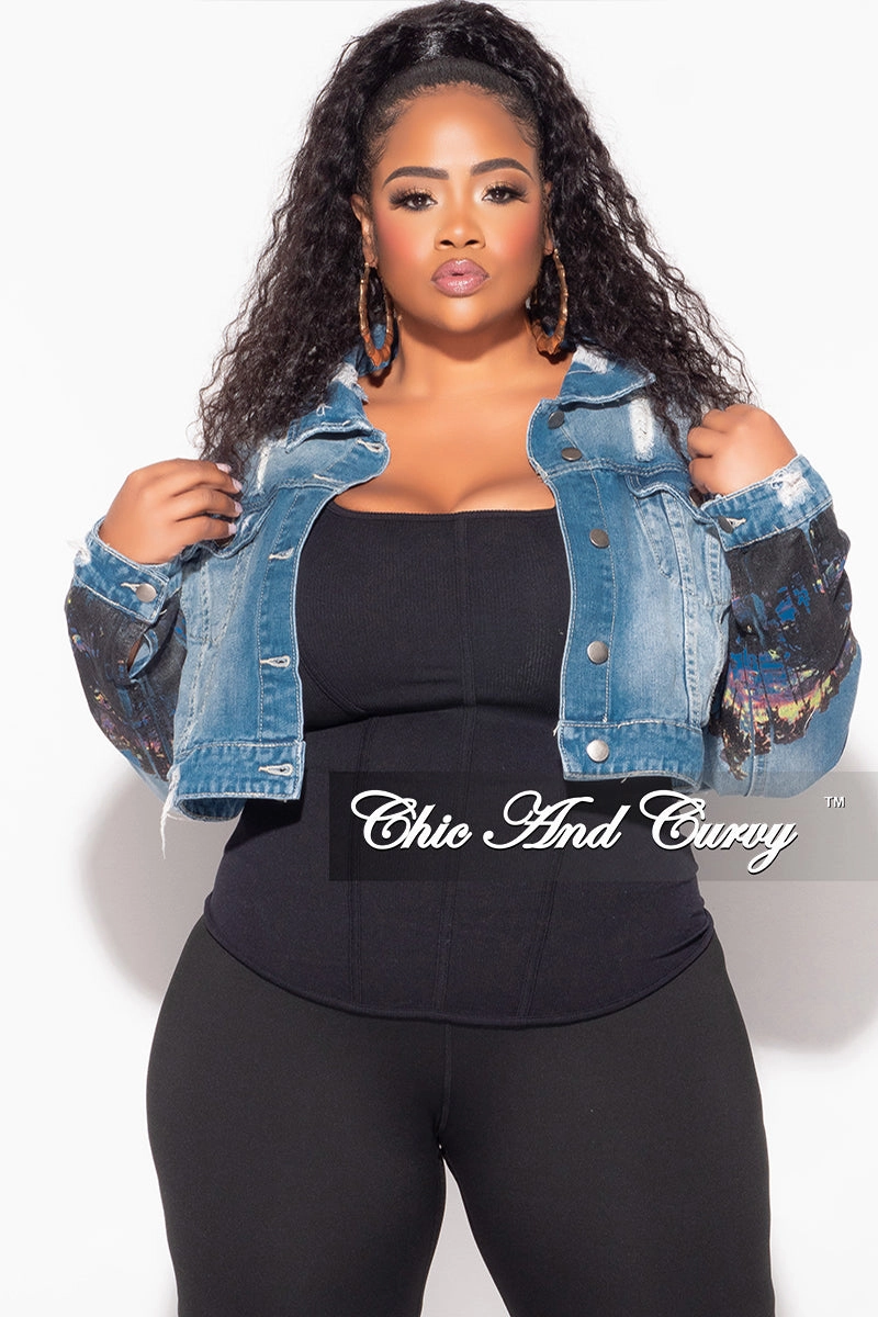 Final Sale Plus Size Denim Jacket with Hollywood Graphic Back Chilly Weather Comfort
