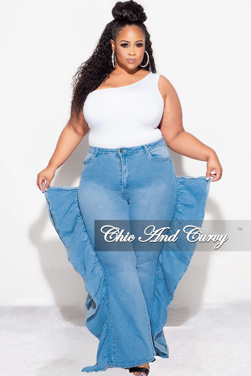Final Sale Plus Size Denim Jean with Dramatic Side Ruffle Slim Fit Design