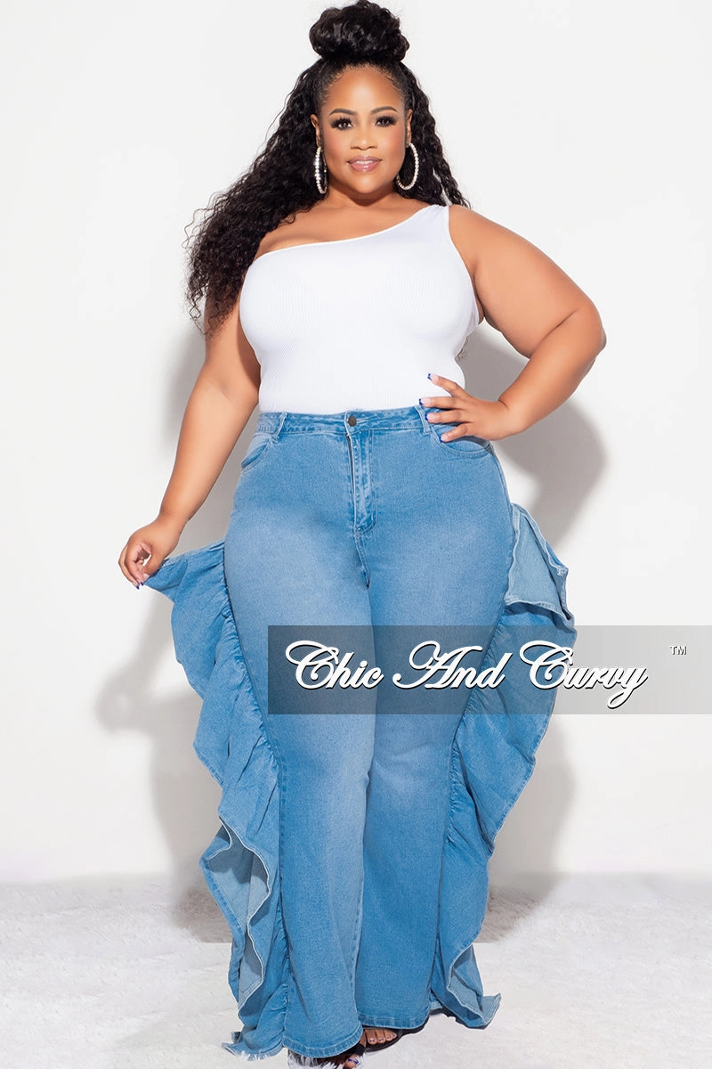 Rest Easy Anti Cling Finish Final Sale Plus Size Denim Jean with Dramatic Side Ruffle