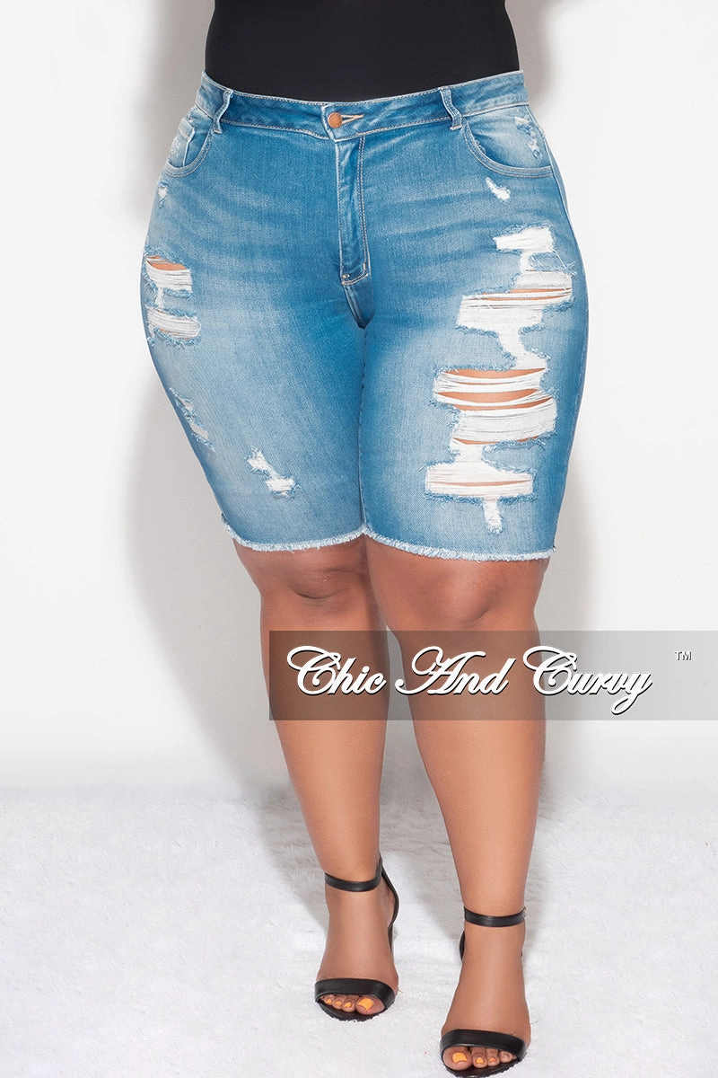 Comfortable fit Final Sale Plus Size Distressed Bermuda Shorts in Denim