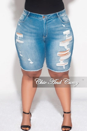 Final Sale Plus Size Distressed Bermuda Shorts in Denim Wool blend