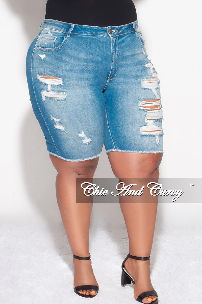 Final Sale Plus Size Distressed Bermuda Shorts in Denim Movement Ease ElasticWaist