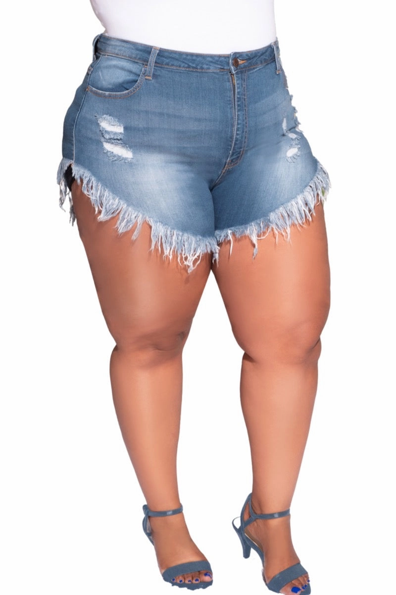 No Chafe Quality Fabric Final Sale Plus Size Distressed Fringe Short in Denim