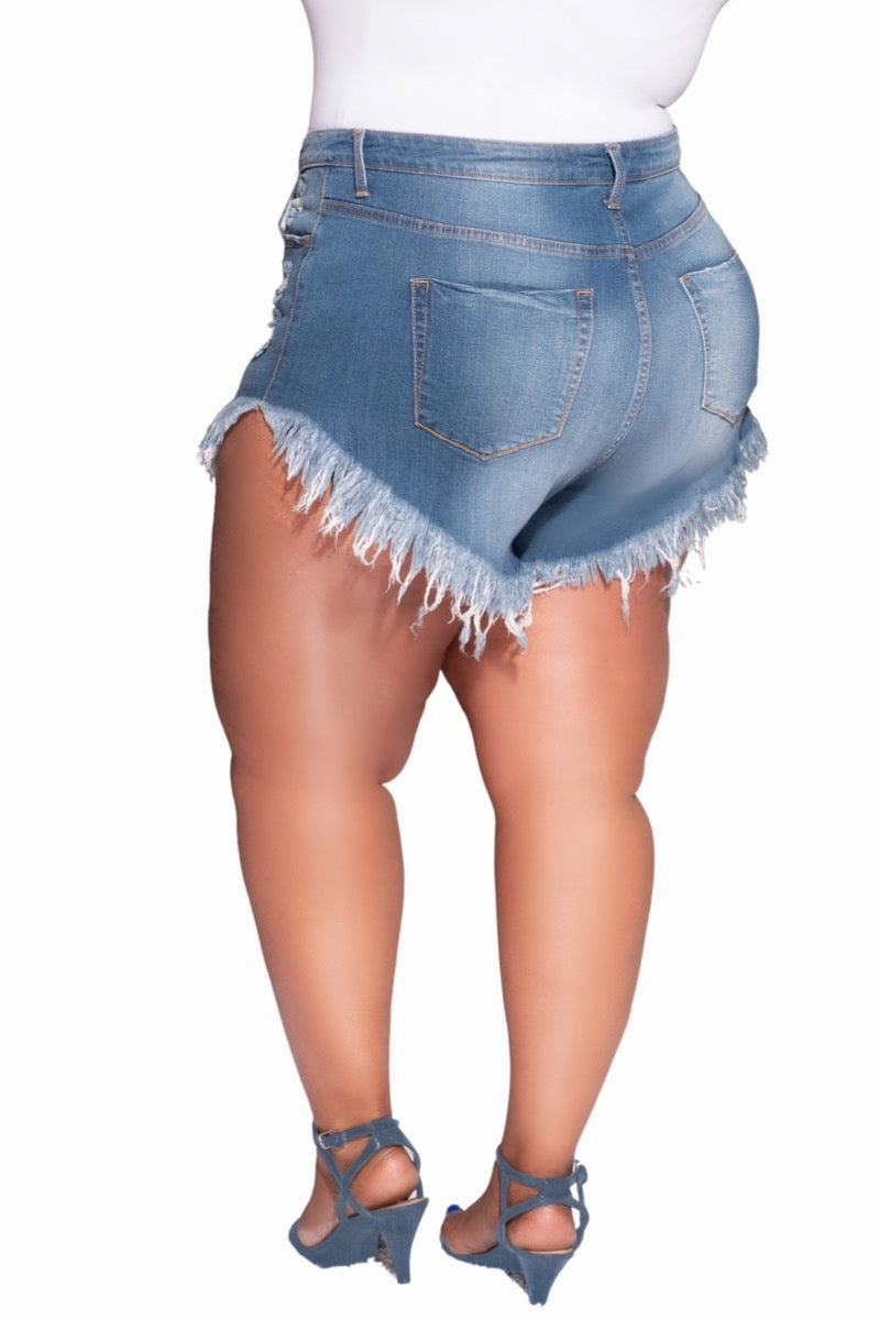 Cozy Design Final Sale Plus Size Distressed Fringe Short in Denim