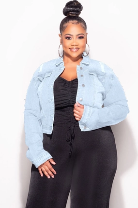 Odor Control Technology Final Sale Plus Size Distressed Jacket in Light Blue