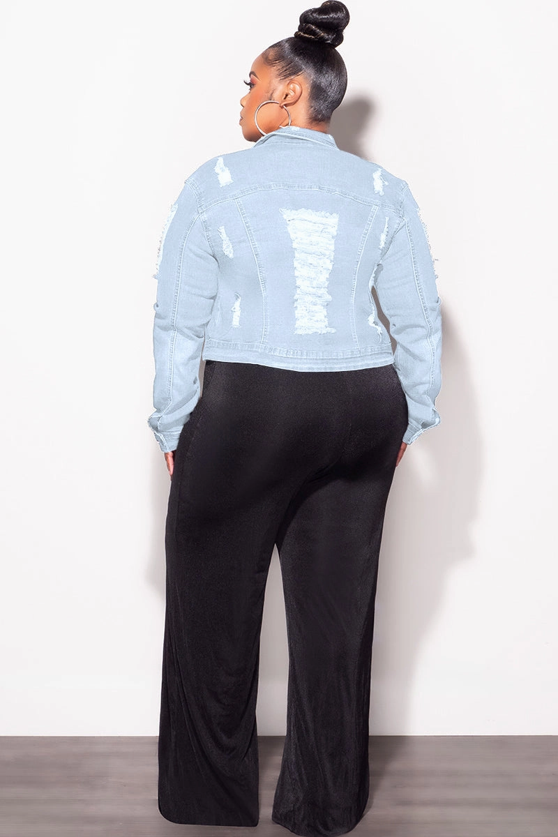 Final Sale Plus Size Distressed Jacket in Light Blue Trendy Comfort Sporty Comfort Fit