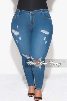 Final Sale Plus Size Distressed Jeans in Blue Denim Rubberized grip