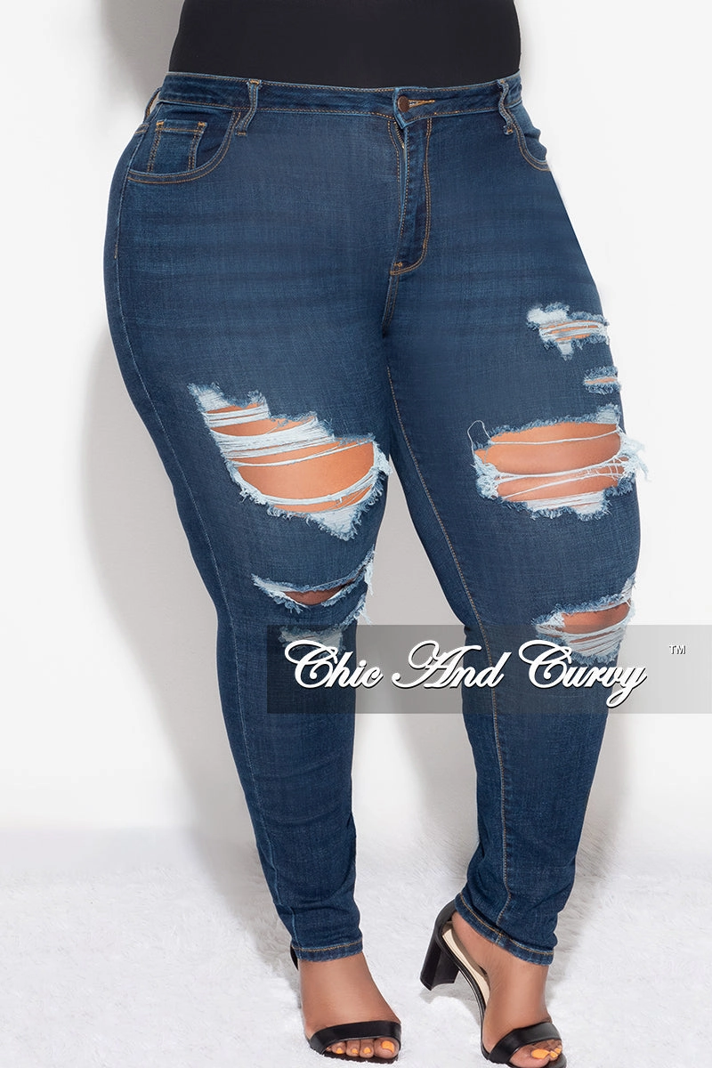 Final Sale Plus Size Distressed Jeans in Dark Denim Stretching Fit Core Fit