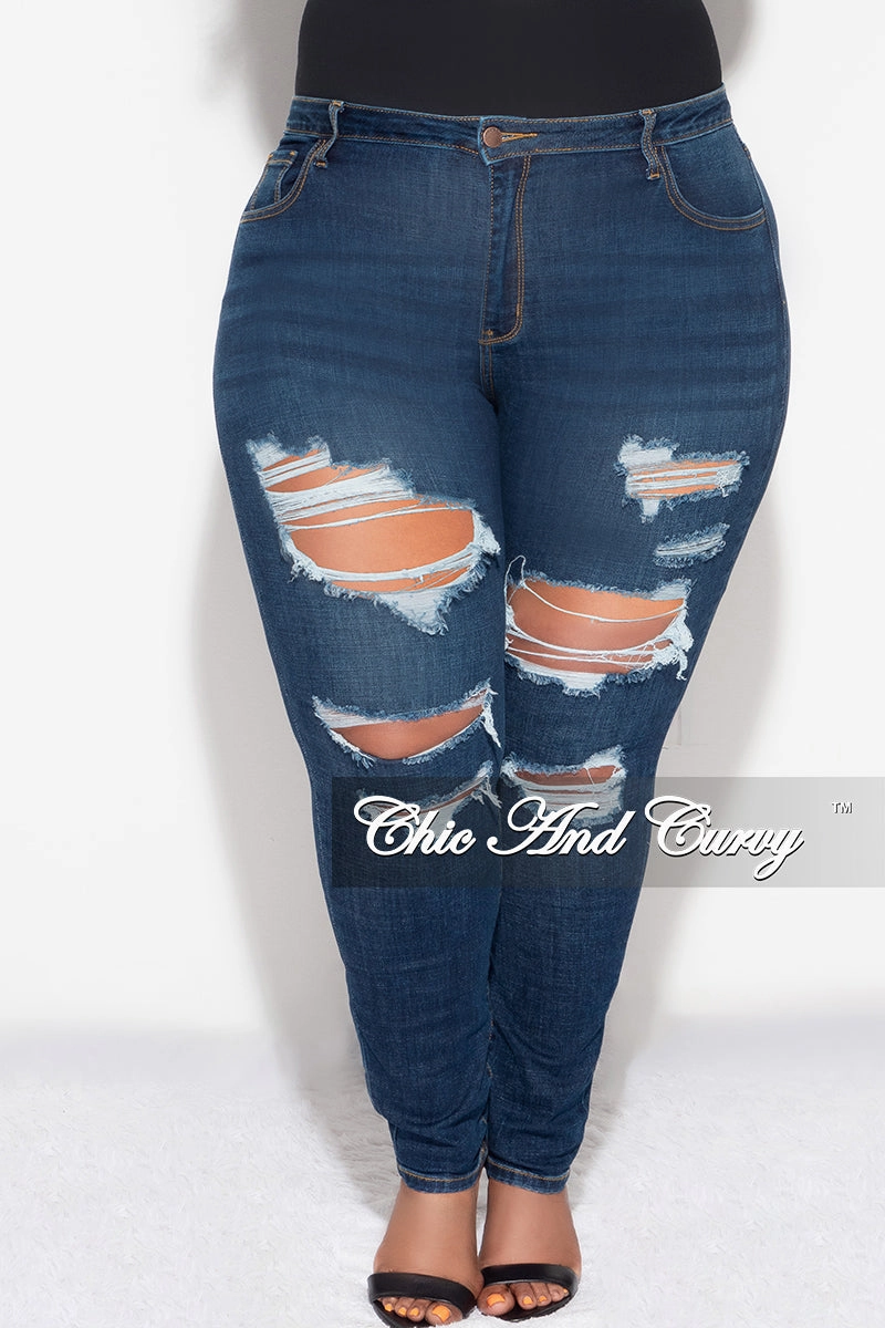Final Sale Plus Size Distressed Jeans in Dark Denim Functional Waist Perfectly Relaxed
