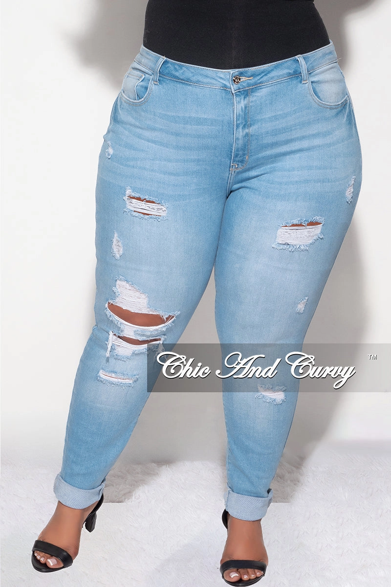 Final Sale Plus Size Distressed Jeans in Light Denim Erasable Logo Patch Clean Lines