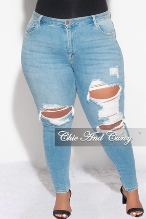 Final Sale Plus Size Distressed Jeans in Light Denim Abrasion Resistant Panels Breathable Material
