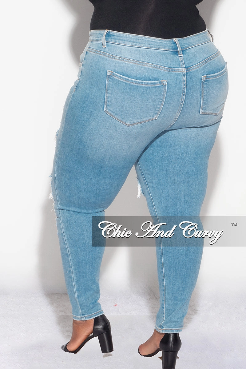 Final Sale Plus Size Distressed Jeans in Light Denim Tear Resistant Fabric Plus-size option