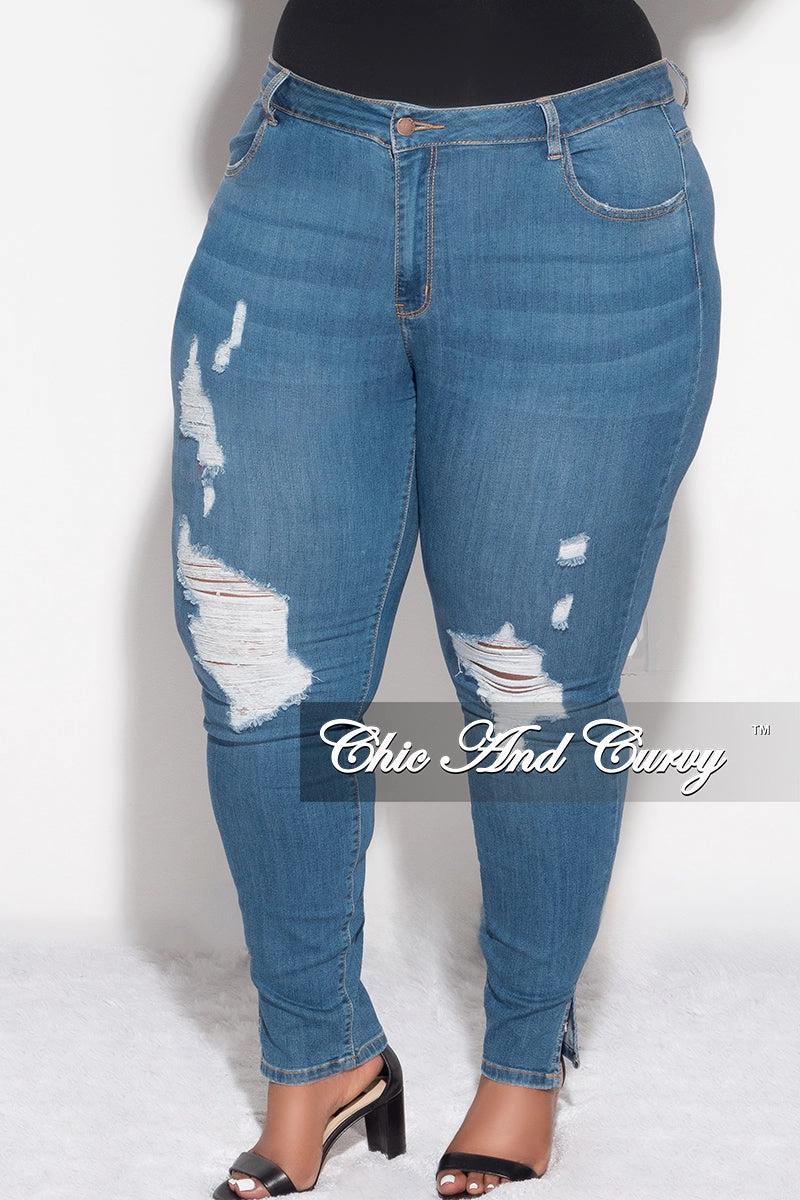 Blackout fabric Tear Resistant Design Final Sale Plus Size Distressed Slit Jeans in Denim